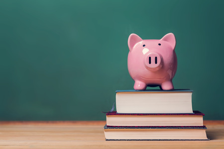 Pink Piggy bank on top of books with chalkboard in the background Pink Piggy bank on top of books with chalkboard in the background