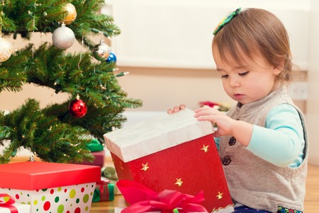 Little toddler girl opening presents under her Christmas treeの写真素材