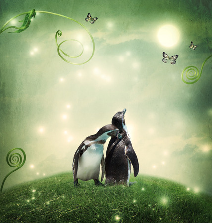 Two penguin friendship or love theme image at a fantasy landscapeの写真素材