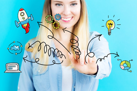 Arrow with Catoon concept with young woman on blue backgroundの写真素材