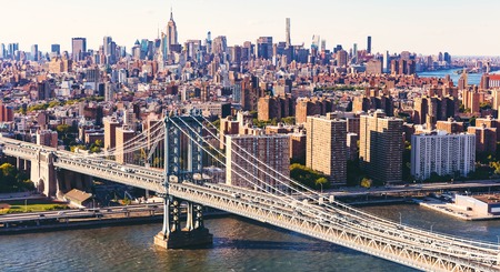 Aerial view of the Manhattan Bridge over the East River in New York Cityの写真素材