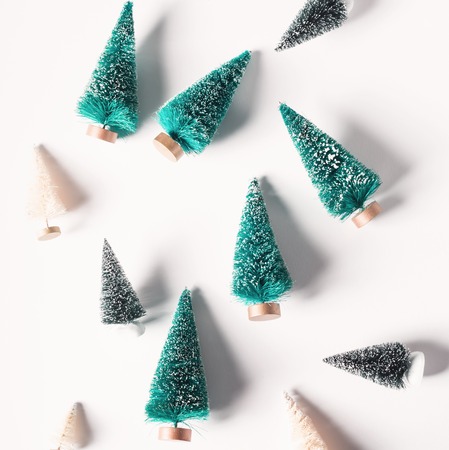 Small green and white Christmas trees from top viewの写真素材