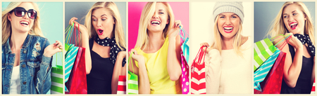 Shopping photo collection with young blonde womanの写真素材