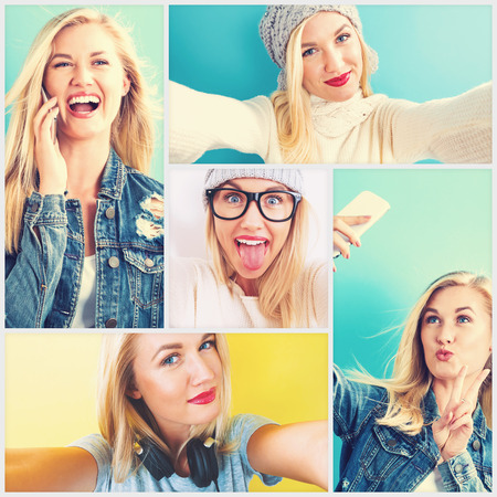 Selfie photo collection with young blonde womanの写真素材