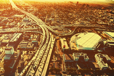 Aerial view of a massive highway intersection in Los Angelesの写真素材