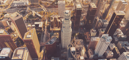 Aerial view of a Downtown Los Angeles at sunsetの写真素材