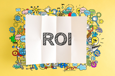 ROI text with colorful illustrations on a yellow backgroundの写真素材