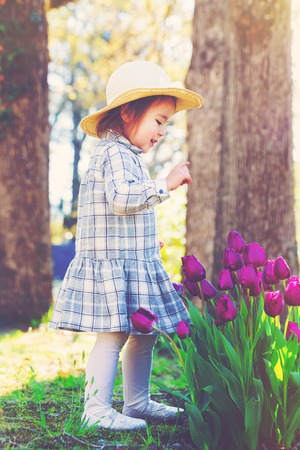 Happy toddler girl in a hat playing with purple tulips outside in springの写真素材
