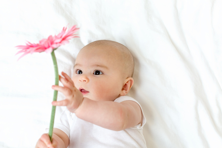 Baby girl holding a flower on her bedの写真素材