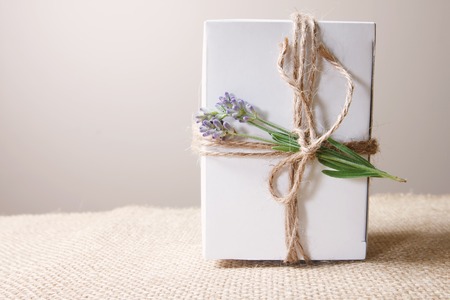 Handmade gift box with lavender sprigの写真素材