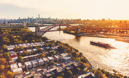 Aerial view of the Hell Gate Bridge over the East River in New York Cityの写真素材