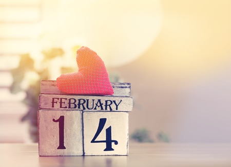 Valentines day theme with wooden block calendarの写真素材