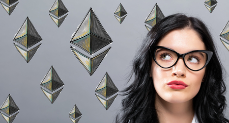 Ethereum with young businesswoman in a thoughtful face