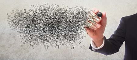 Doodles with businessman on gray wall backgroundの写真素材