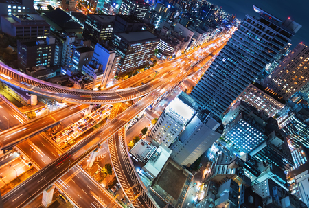Aerial view of a massive highway intersection in Osaka, Japanの写真素材
