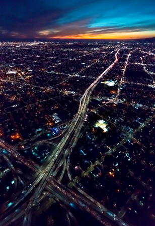 Aerial view of a massive highway in Los Angeles, CA at night