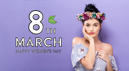 Womens Day message with beautiful young woman with a garlandの写真素材