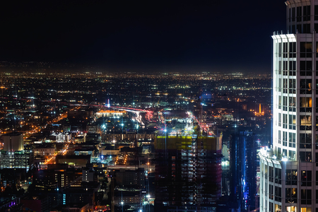 Aerial view of Downtown Los Angeles, CA at nightの写真素材