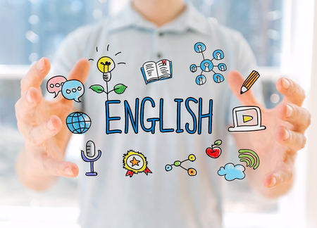 English with young man holding his handsの写真素材