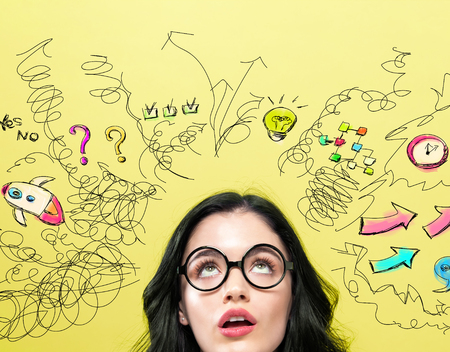 Many Thoughts with young woman on a yellow background