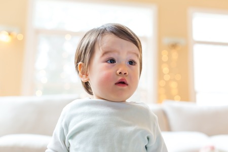 Happy toddler boy playing in his living roomの写真素材