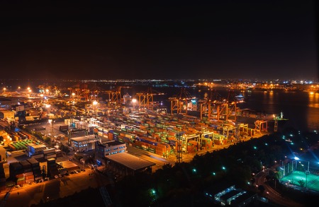 Aerial view of container ship docking station in Odabia, Tokyo, Japanの写真素材