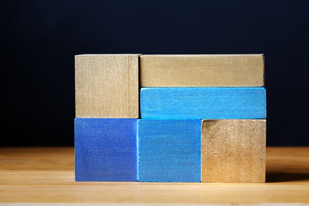 Toy blue wooden blocks abstract stack backgroundの写真素材