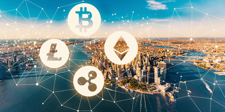 Cryptocurrency aerial view of the Manhattan, NY skylineの写真素材