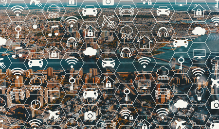 IoT concept with aerial view of Manhattan, NY skylineの写真素材