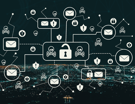 Email virus and scam theme with Downtown Los Angeles at nightの写真素材