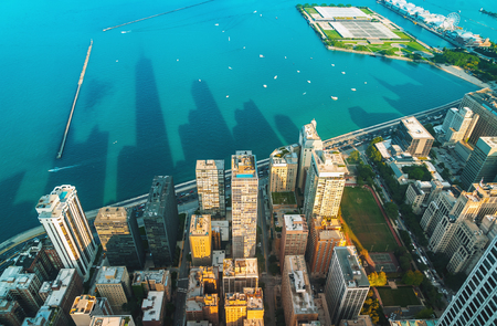 Chicago cityscape with a view of Lake Michigan from aboveの写真素材
