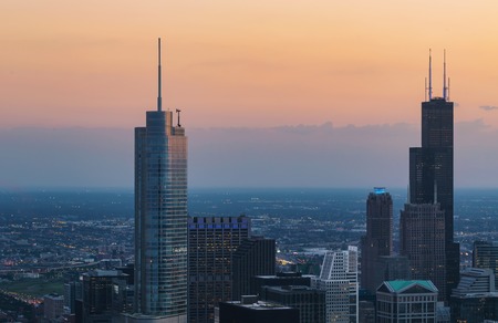 Chicago cityscape skyscrapers at sunset aerial viewの写真素材