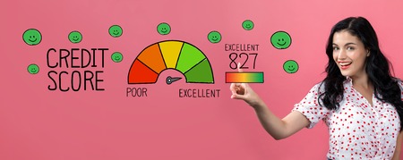 Excellent credit score with young woman on a pink background