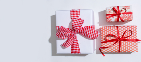 Christmas gift boxes on a white backgroundの写真素材