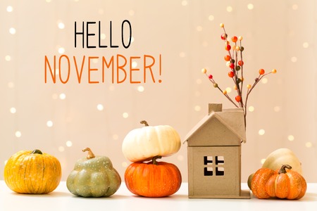 Hello November message with collection of autumn pumpkins with a toy houseの写真素材