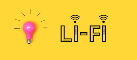 Li-Fi wireless communication concept with a light bulb on a yellow background