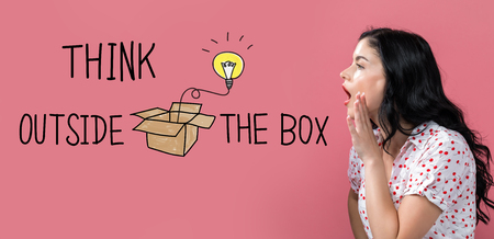 Think outside the box with young woman speaking on a pink background