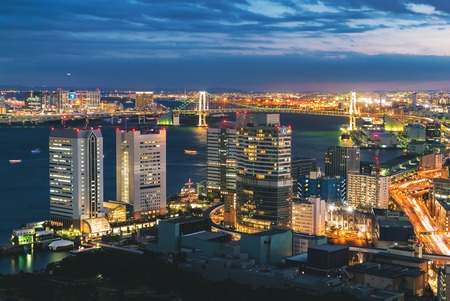 View of boats on the busy Tokyo Bay harbor at twilight