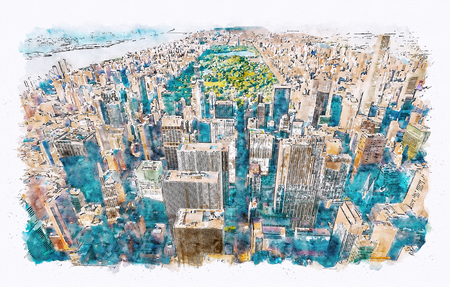 Aerial view of Midtown Manhattan, NY and Central Park watercolor paintingの写真素材