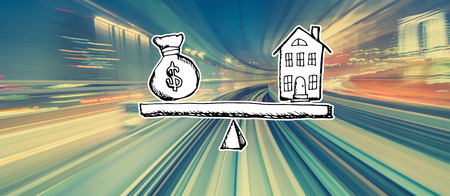 House and money on the scale with abstract high speed technology POV motion blurの写真素材