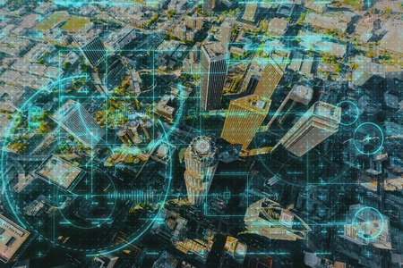 Aerial view of a Downtown Los Angeles with techology theme