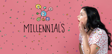 Millennials with young woman speaking on a pink backgroundの写真素材