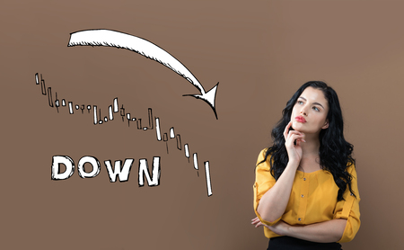 Market down trend chart with young businesswoman on a brown background