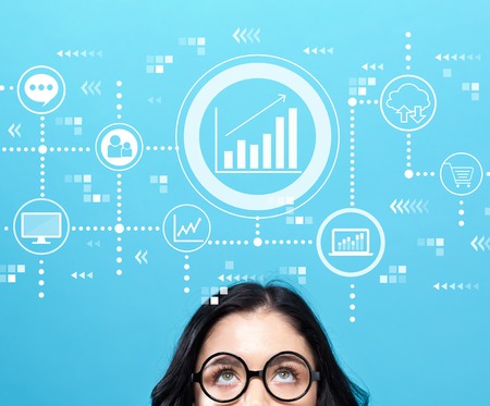 Marketing concept with young woman wearing eye glassesの写真素材