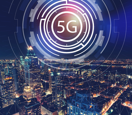 5G network with aerial view of Manhattan, NY skylineの写真素材
