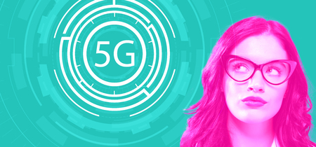 5G network with young businesswoman in a thoughtful face