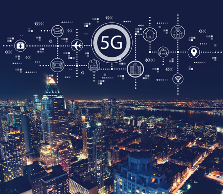 5G network with aerial view of Manhattan, NY skylineの写真素材