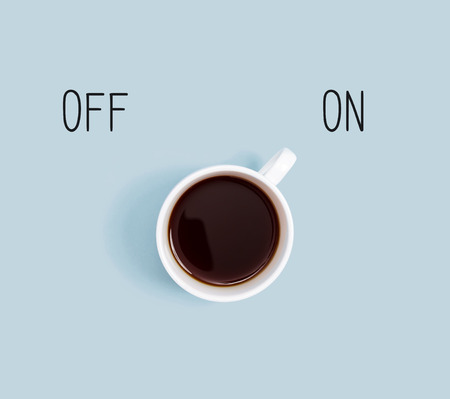 Coffee with power on switch overhead view flat layの写真素材