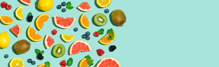 Collection of mixed fruits overhead view flat layの写真素材
