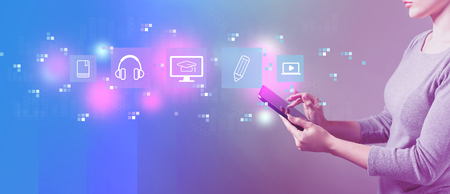 E-Learning with business woman using a tablet computerの写真素材